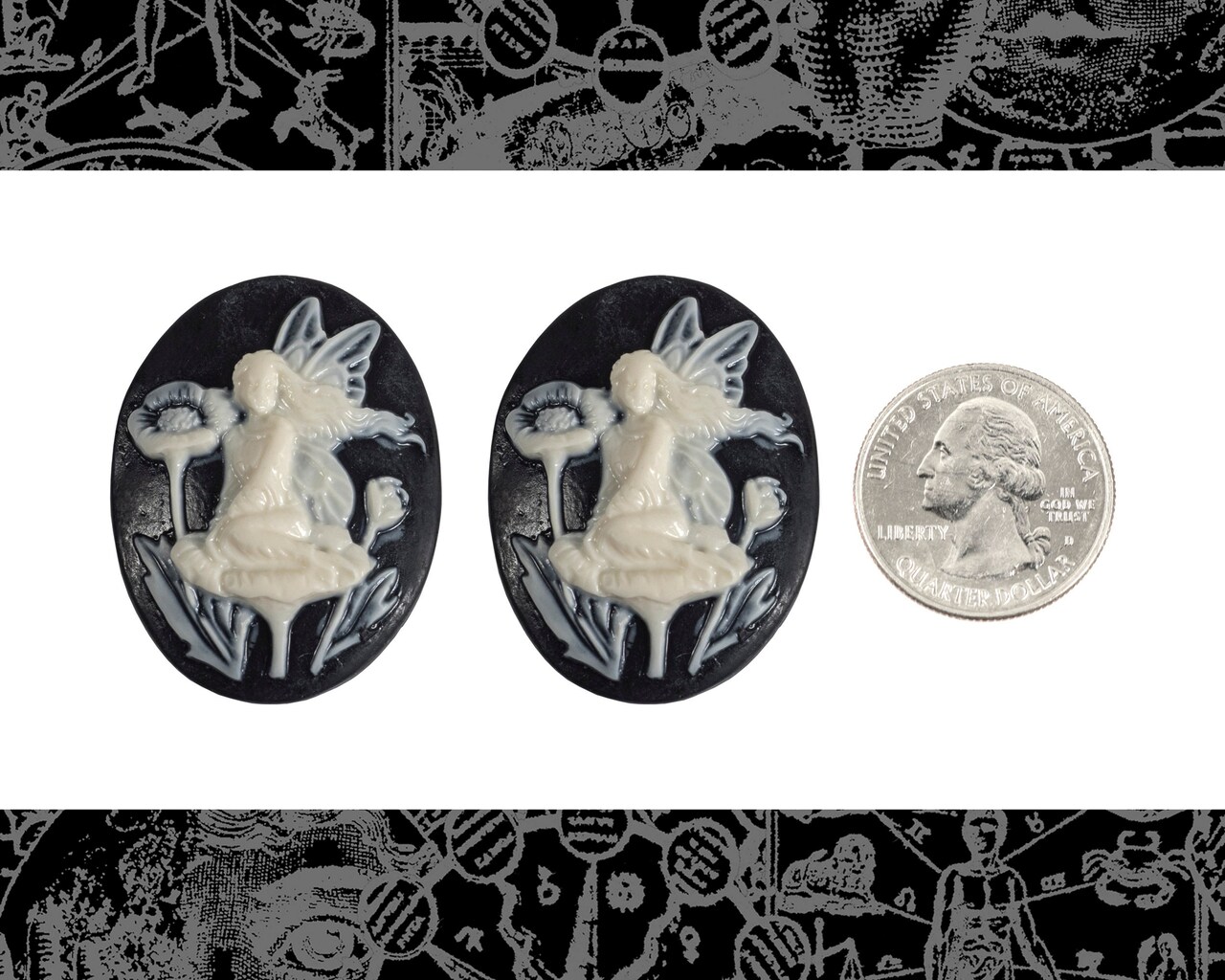 Black and Cream Fairy Sitting on a Flower Cameos 30mm x 40mm Cameos - Set of Two - CAM230